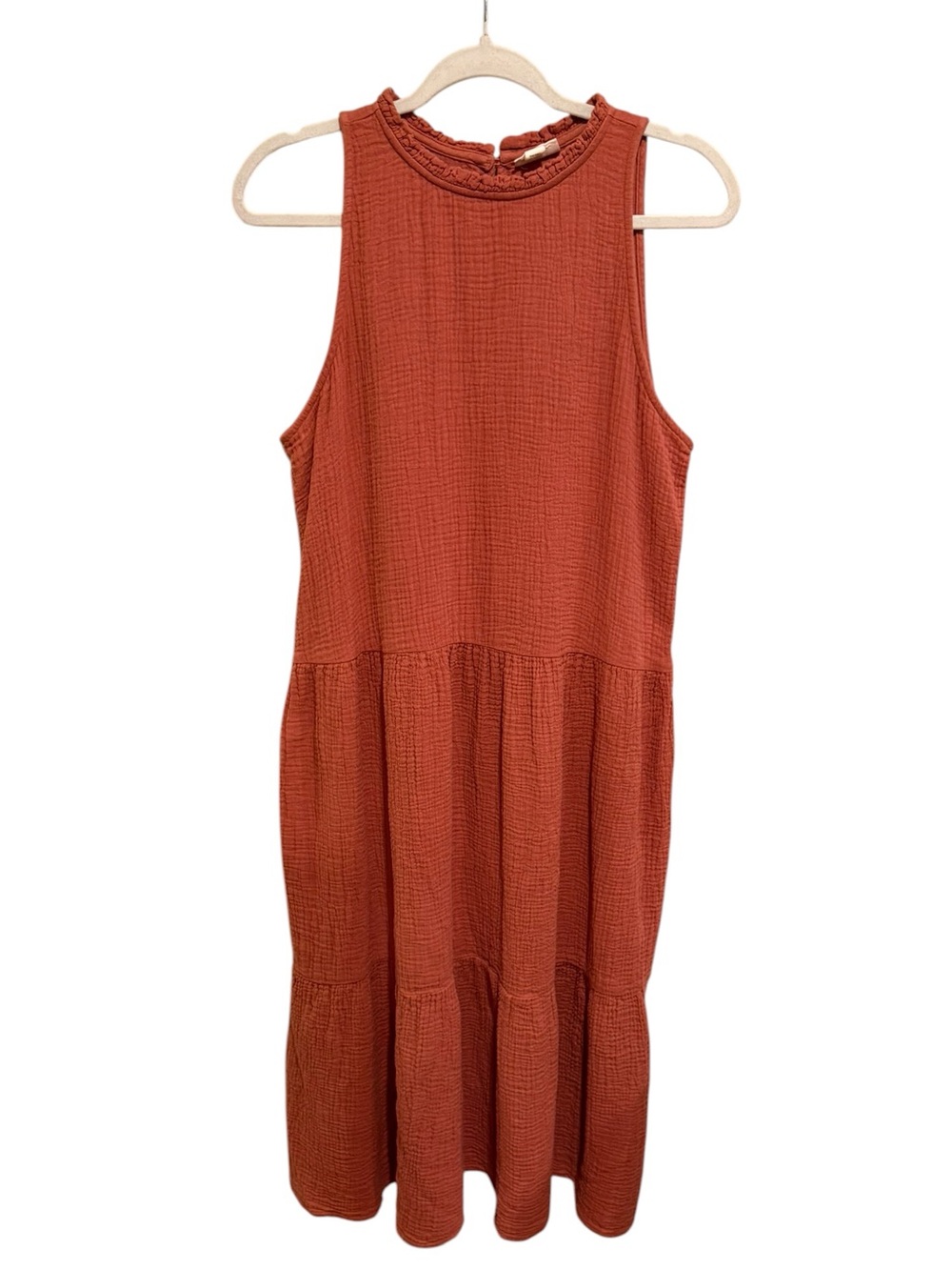 a.n.a Sleeveless 100% Cotton Gauze Tiered Midi Dress in Rust Orange - Size MT